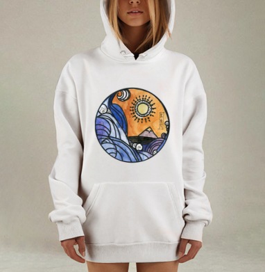 Восход Солнца над Фудзи и Бушующими Волнами, Hoodie Mjhigh Dig, оверсайз, утепленная