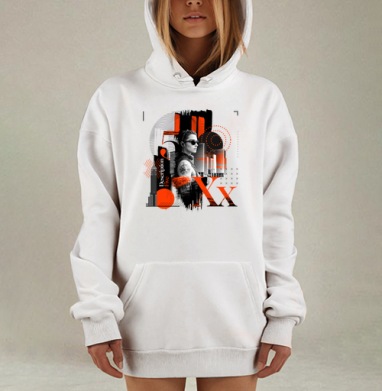 Современный портрет уверенной женщины с городским фоном Description Five, Hoodie Mjhigh Dig, оверсайз, утепленная