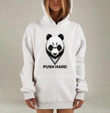 Мотивирующий принт с панды «PUSH HARD», Hoodie Mjhigh Dig, оверсайз, утепленная