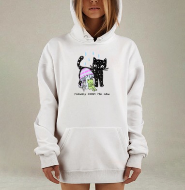 Дружелюбный кот и лягушка под грибом в дождь, Hoodie Mjhigh Dig, оверсайз, утепленная