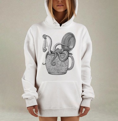Осьминог с рыбным скелетом в кружке, Hoodie Mjhigh Dig, оверсайз, утепленная