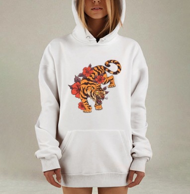 Тигр в агрессивной позе с красными цветами, Hoodie Mjhigh Dig, оверсайз, утепленная