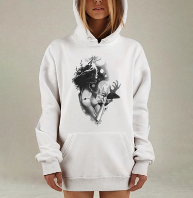 Силуэт Шаманки с Ветвями и Механической Рукой, Hoodie Mjhigh Dig, оверсайз, утепленная