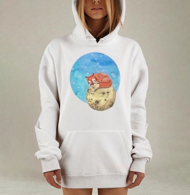 Спящий рыжий лисёнок на луне среди звёзд, Hoodie Mjhigh Dig, оверсайз, утепленная