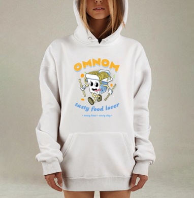 Веселый любитель вкусной еды с коробкой лапши на синем фоне tasty food lover every hour every day, Hoodie Mjhigh Dig, оверсайз, утепленная