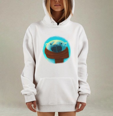 Белый медведь в уютном шарфе теплого терракотового, Hoodie Mjhigh Dig, оверсайз, утепленная