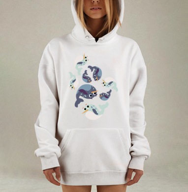 Мультяшные нарвалы на сером фоне, Hoodie Mjhigh Dig, оверсайз, утепленная