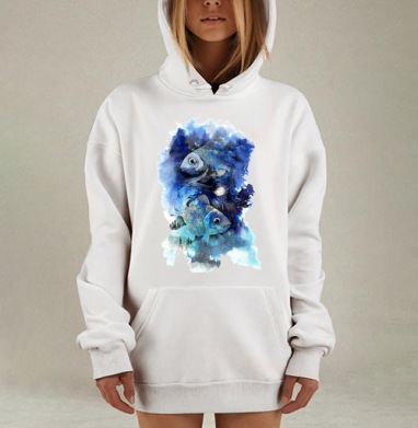 Акварельные рыбы в мистическом синем водовороте, Hoodie Mjhigh Dig, оверсайз, утепленная
