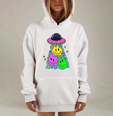 Яркая мультяшная летающая тарелка с улыбками, Hoodie Mjhigh Dig, оверсайз, утепленная