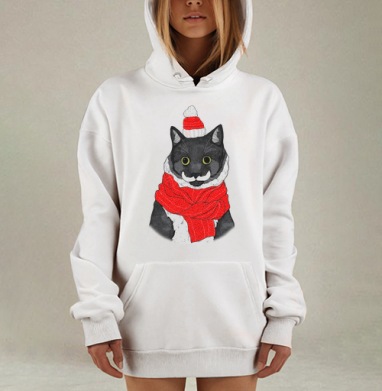 Стильный черный кот в зимнем наряде с шарфом, Hoodie Mjhigh Dig, оверсайз, утепленная