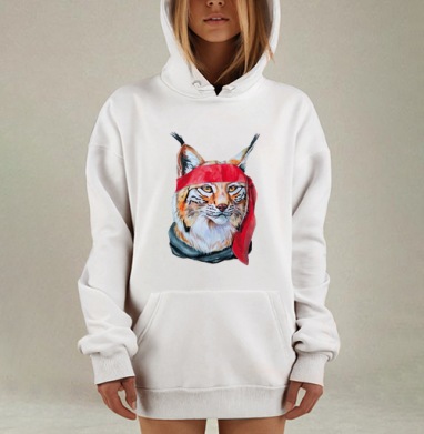Харизматичный портрет рыси с красной банданой, Hoodie Mjhigh Dig, оверсайз, утепленная