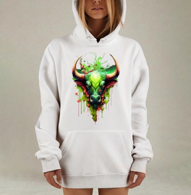 Зеленая голова быка с брызгами на фоне динамики краски, Hoodie Mjhigh Dig, оверсайз, утепленная