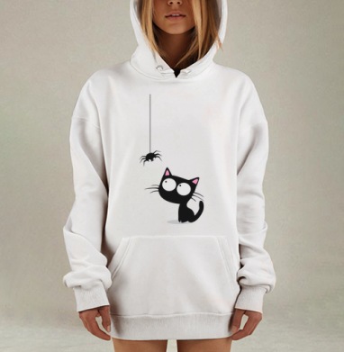 Любопытный черный кот наблюдает паука сверху на паутине, Hoodie Mjhigh Dig, оверсайз, утепленная