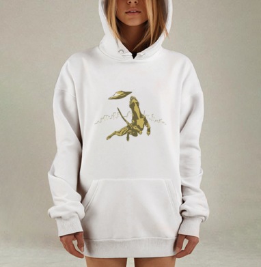 Playful Dog/Игривая собака прыгает к летающей тарелке над силуэтом города, Hoodie Mjhigh Dig, оверсайз, утепленная