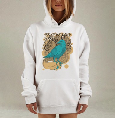 Бирюзовый ворон на руке на черном фоне, Hoodie Mjhigh Dig, оверсайз, утепленная
