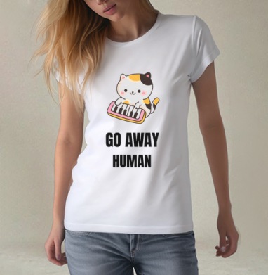 Мультяшный котёнок с синтезатором и надписью GO AWAY, Футболка женская белая 180гр