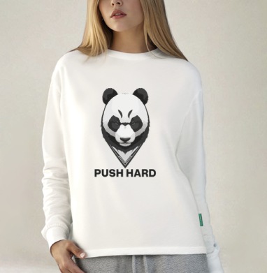 Мотивирующий принт с панды «PUSH HARD», Футболка лонгслив женская белая