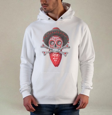 Череп с сомбреро Día de los Muertos яркий арт, Толстовка белая Regular, утепленная