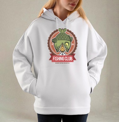 Fishing Club, Толстовка / Женская/ Оверсайз / Начес / Белая / C принтом