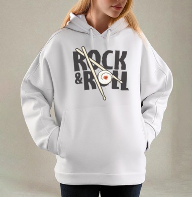 Рок-н-ролльная подача суши с черепом и палочками ROCK ROLL, Толстовка / Женская/ Оверсайз / Начес / Белая / C принтом