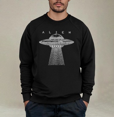 Винтажный НЛО с лучом света и надписью ALIEN - Свитшот мужской черный петля/начес, страница 3
