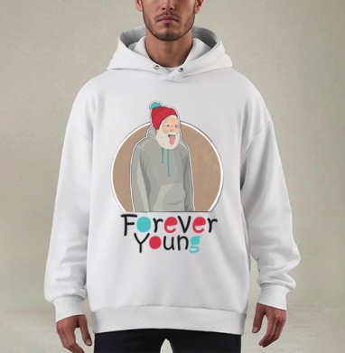 Веселый старик Forever Young с яркой шапкой - Купить мужские худи оверсайз mono Стоунхендж в Москве, цена мужских худи оверсайз mono  с прикольными принтами - магазин дизайнерской одежды Maryjane