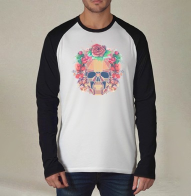 Polygonal human skull and watercolor wreath.Los muertos., Футболка длинный рукав / Мужчинам / Реглан / Принт