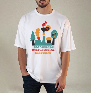 Русская деревня с петухом и храмом since xxi, Футболка / Мужчинам / Оверсайз / Белая / C принтом