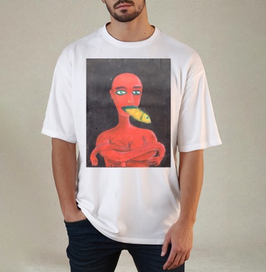 Red woman with a fish in his mouth, Футболка / Мужчинам / Оверсайз / Белая / C принтом