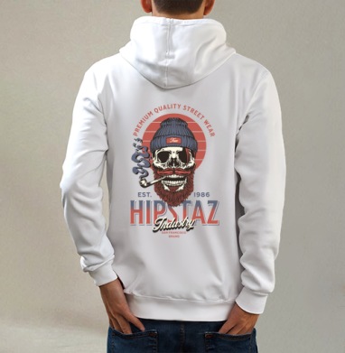 Череп хипстер с трубкой и бородой для одежды street wear, Толстовка на молнии, печать на спине. муж. белая v3 320гр