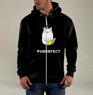 Милый единорог-кот с радужным рожком PURRRFECT, Толстовка мужская на молнии 3Д полная запечатка