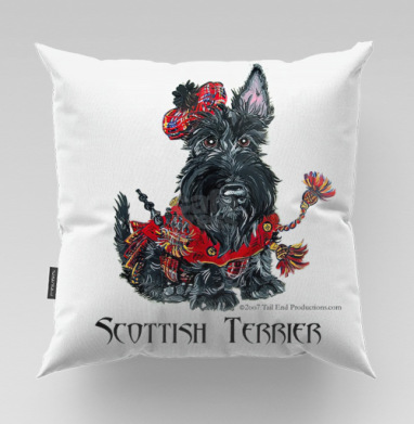 Забавный шотландский терьер в традиционном шотландском наряде сидит / Funny Scottish Terrier in Traditional Scottish Attire Sits, Подушка велюр плюшевая 45х45