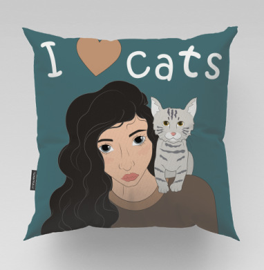 Девушка с котёнком на плече любовь к кошкам - Магазин футболок jsartvector - Дизайнерские принты, Подушки