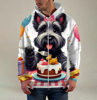 Маленький черный терьер отмечает первый юбилей Birthday Dog Party, Толстовка мужская на молнии 3Д полная запечатка