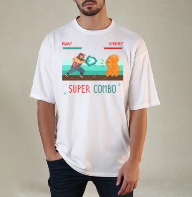 Энергичная битва в пиксель-арт стиле с SUPER COMBO, Футболка / Мужчинам / Оверсайз / Белая / C принтом