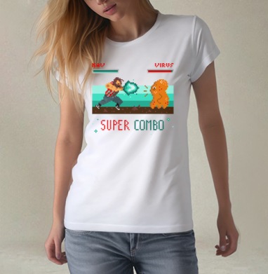 Энергичная битва в пиксель-арт стиле с SUPER COMBO, Футболка женская белая 180гр