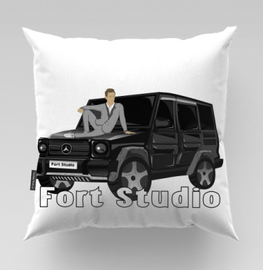 Мужчина на черном автомобиле в элегантной позе Fort Studio, Подушка велюр плюшевая 45х45