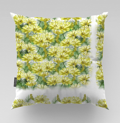 Желтые цветы зеленые листья летняя природа, Подушка велюр плюшевая 45х45