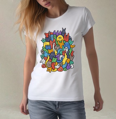 Весёлое собрание мультяшных монстров doodle art, Футболка женская белая 180гр