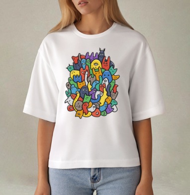 Весёлое собрание мультяшных монстров doodle art, Футболка женская оверсайз Mido