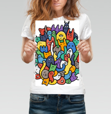 Весёлое собрание мультяшных монстров doodle art - Магазин футболок 18 Добрых Лис