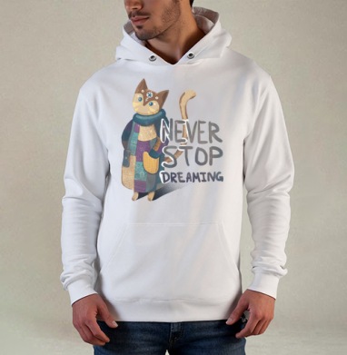 Яркая вдохновляющая стилизованная кошка NEVER STOP DREAMING, Толстовка белая Regular, утепленная