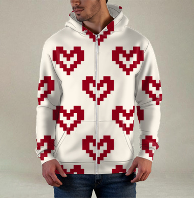 Пиксельные красные сердца на светлом фоне Pixel Hearts – Сердца, Толстовка мужская на молнии 3Д полная запечатка