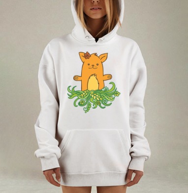 Милый котёнок с цветком и зелёными растениями, Hoodie Mjhigh Dig, оверсайз, утепленная