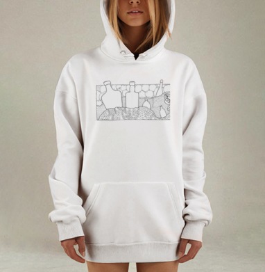 Черно белые бутылки графины банки плывут по морю, Hoodie Mjhigh Dig, оверсайз, утепленная