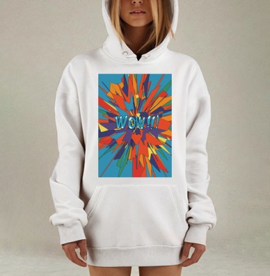 Яркий взрыв энергичных фигур с надписью WOW на голубом фоне, Hoodie Mjhigh Dig, оверсайз, утепленная
