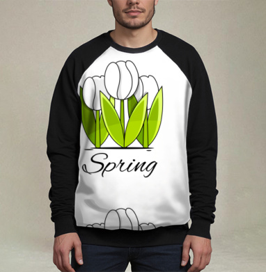 Белые тюльпаны и зелёные листья весна надпись Spring, Свитшот мужской 3D / хлопок
