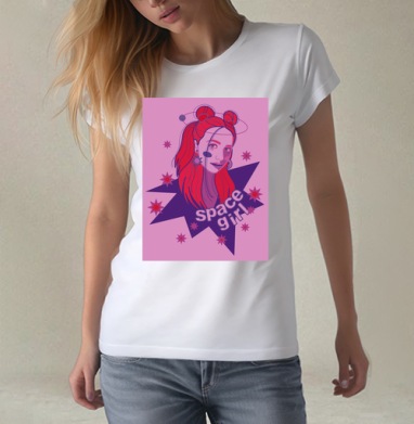 Девушка с красными волосами и космосом вокруг space girl - Магазин футболок Kosinskaya
