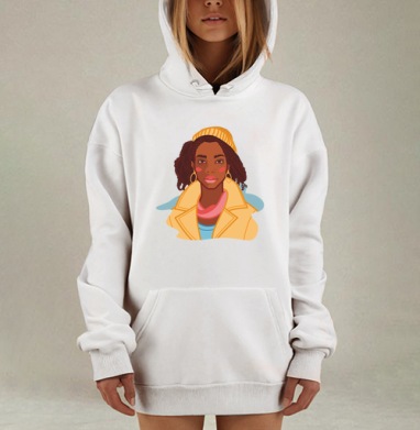 Женщина в оранжевой шапке и бежевом тренче образ женщины, Hoodie Mjhigh Dig, оверсайз, утепленная