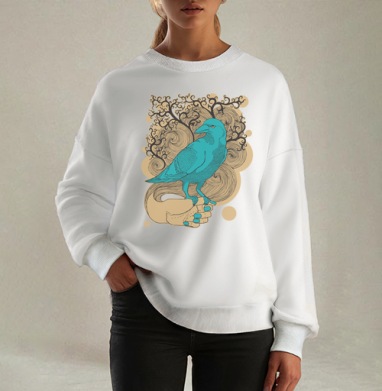 Бирюзовый ворон на руке на черном фоне, Свитшот оверсайз белый женский